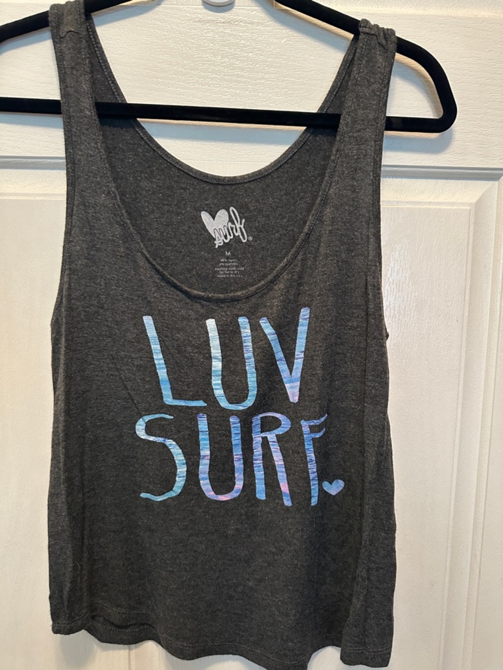 Luv Surf Graphic Tank Top - Dark Gray with Blue/Purple Text Super Soft Size M